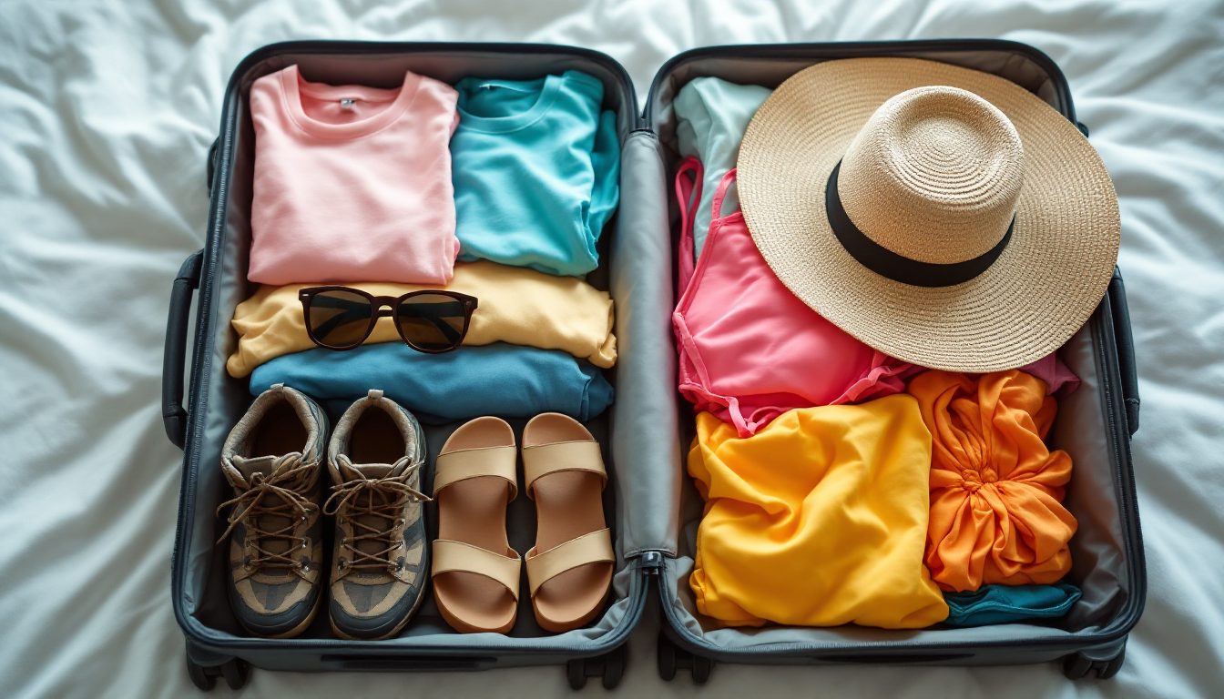 Open suitcase with essential Hawaii vacation clothing and footwear packed neatly