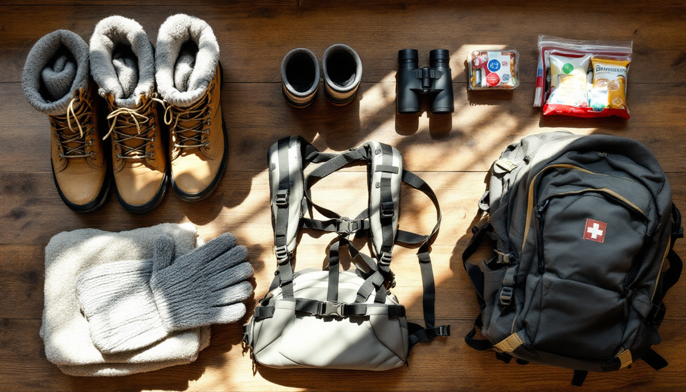 Packing essentials for an Alaska family trip laid out systematically