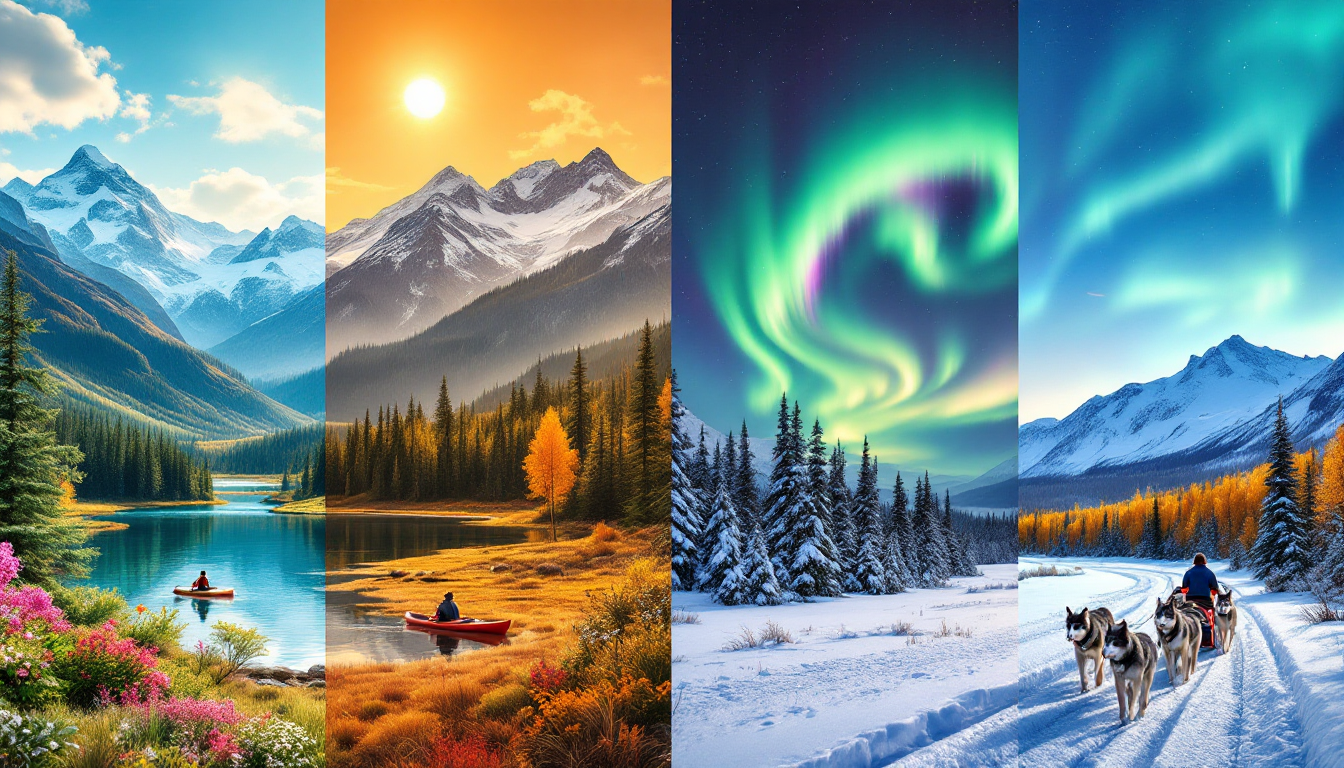 Seasonal landscapes of Alaska illustrating spring, summer, fall, and winter adventures