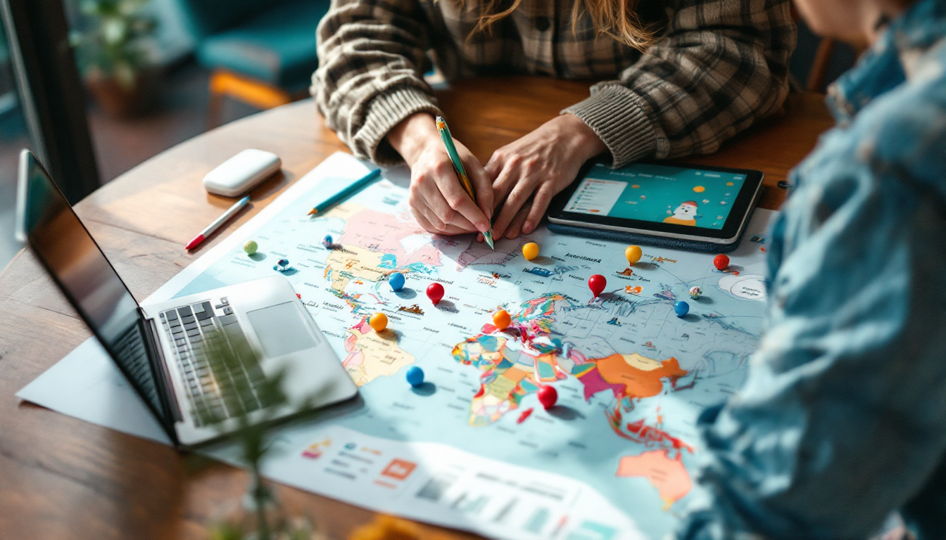 A traveler planning a year-round travel itinerary with seasonal icons