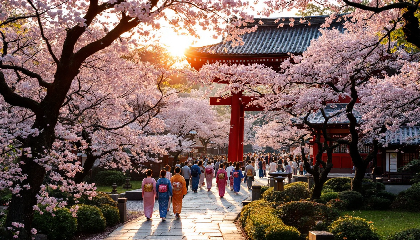 Kyoto temple cherry blossoms and visitors in kimono early morning serene cultural scene