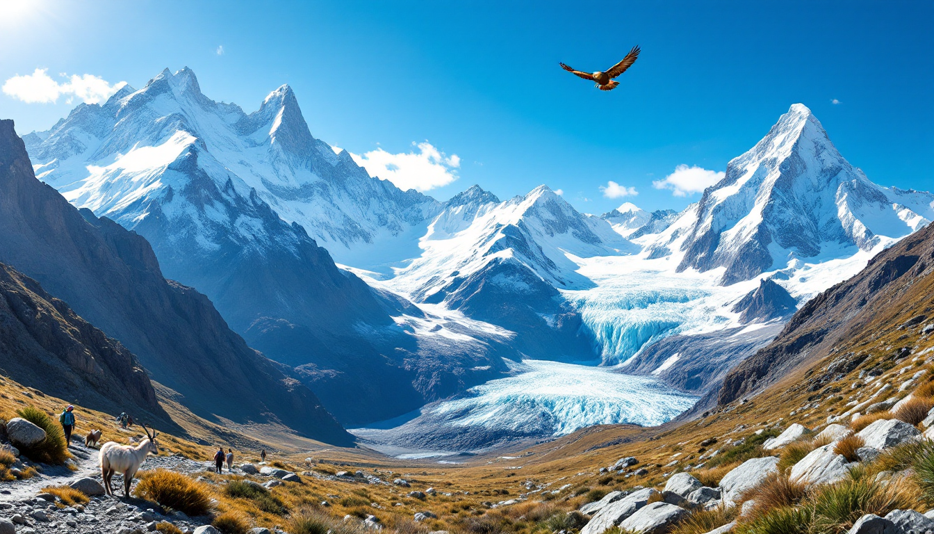 Panoramic view of Patagonia mountains glaciers trekkers and wildlife in bright daylight high detail