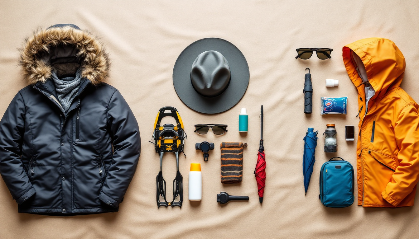 Seasonal hiking gear essentials for alpine, desert and tropical climates in flat lay arrangement