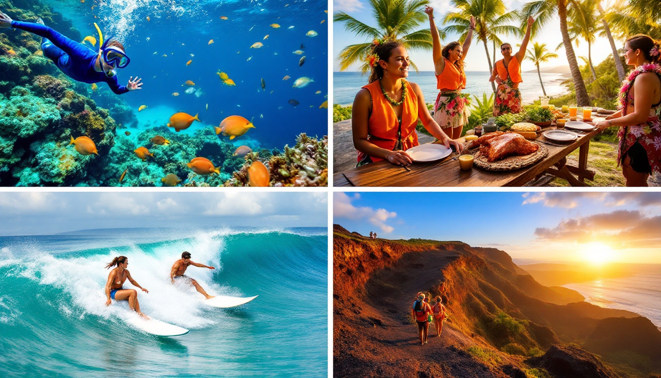 Popular Hawaiian beginner activities including snorkeling, surfing, cultural luau, and volcano hiking