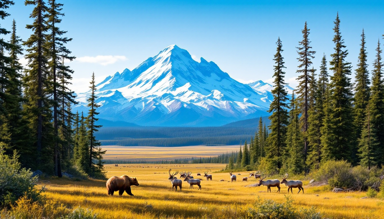 Denali National Park interior landscape with wildlife and mountain views