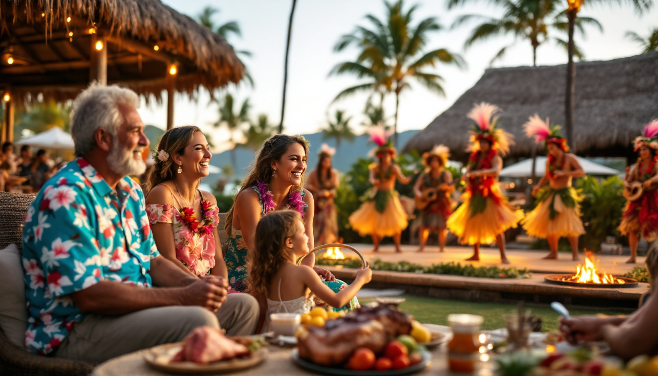 Family enjoying traditional Hawaiian luau with dancers and festive atmosphere