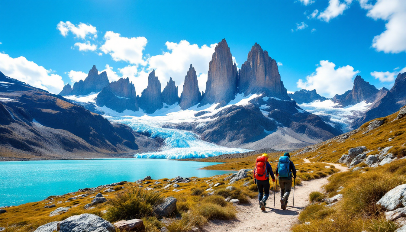 Summer hiking trail in Patagonia with rugged peaks and glacial lakes in Chile and Argentina