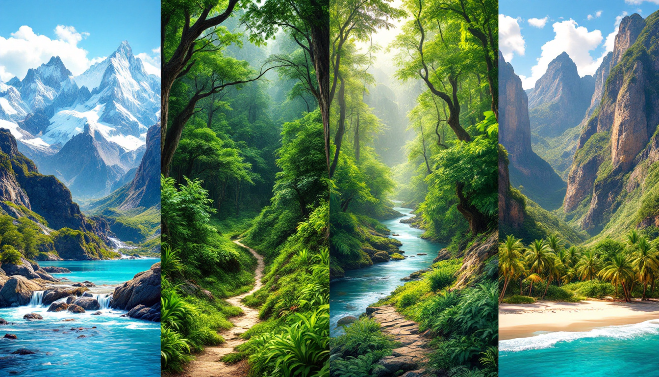 Collage of South American diverse landscapes including Patagonia mountains and Amazon rainforest