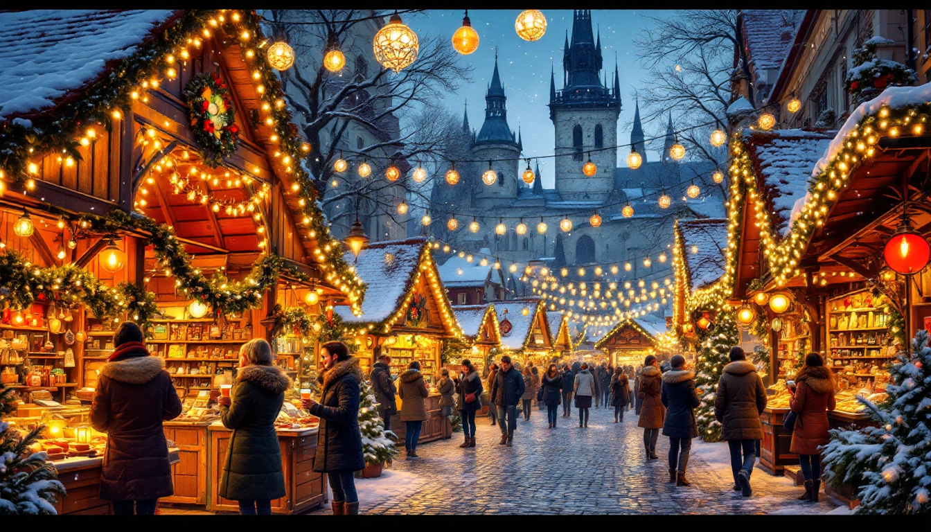 festive European Christmas market with snow and lights in winter