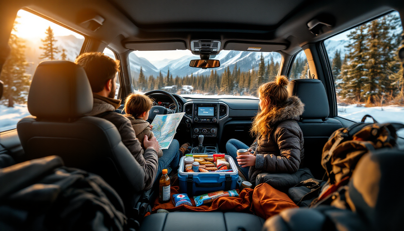 Family SUV interior packed for Alaska road trip with kids showing comfort and preparedness
