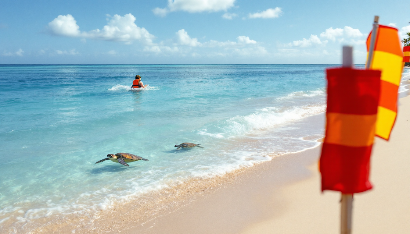 Safe ocean beach with warning flags and respectful distance shown from marine life