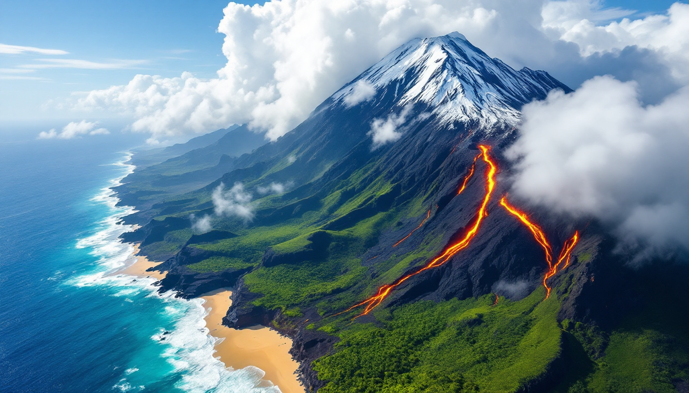 Aerial view of Big Island showcasing volcano activity and diverse climates