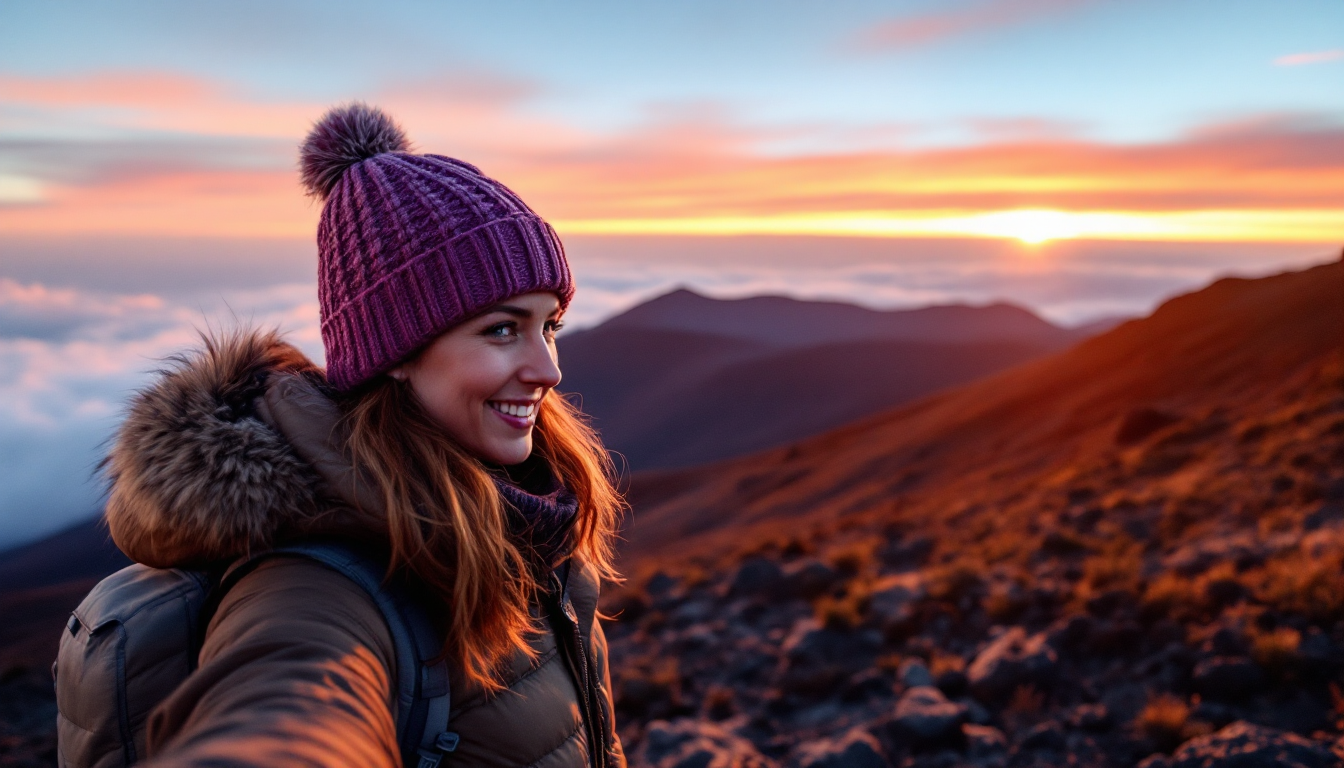Sunrise at Haleakalā summit with visitor in warm clothing at dawn