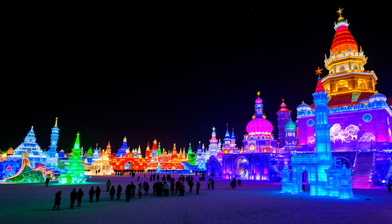 Illuminated ice and snow sculptures at Harbin festival