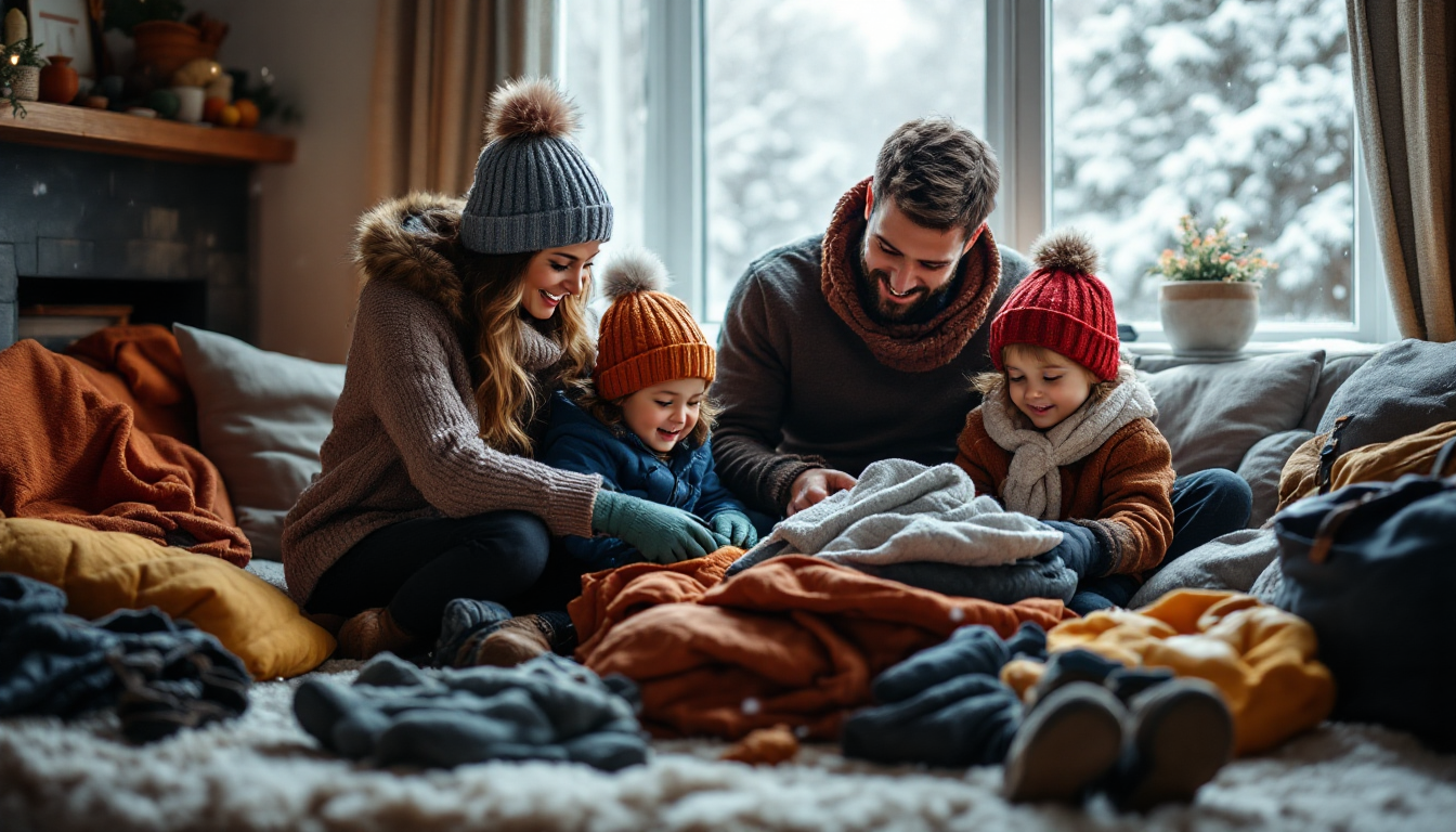 Family packing and preparing layered winter clothes and gear indoors