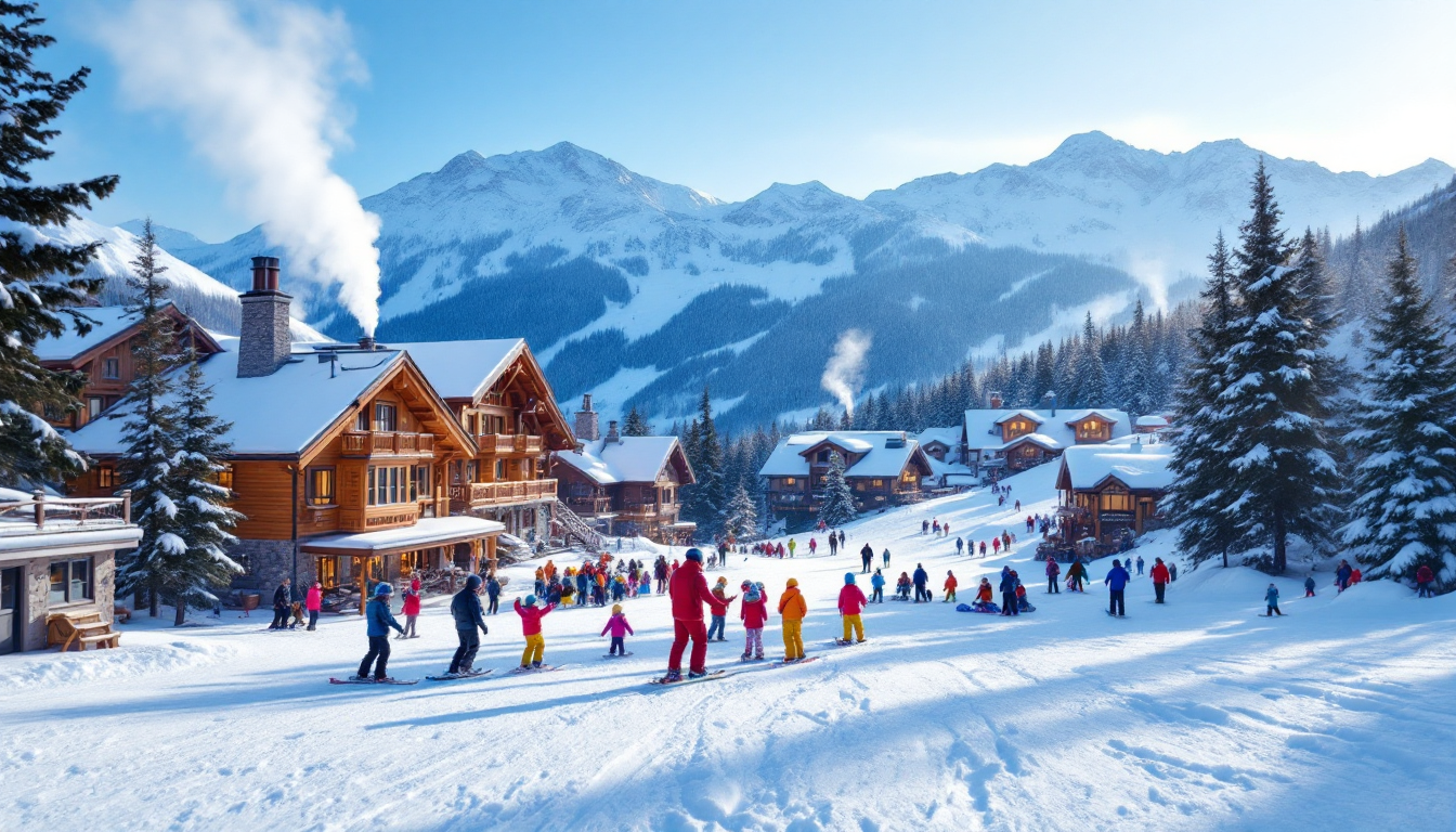 Family skiing and snowboarding on snowy mountain slopes with cozy lodges