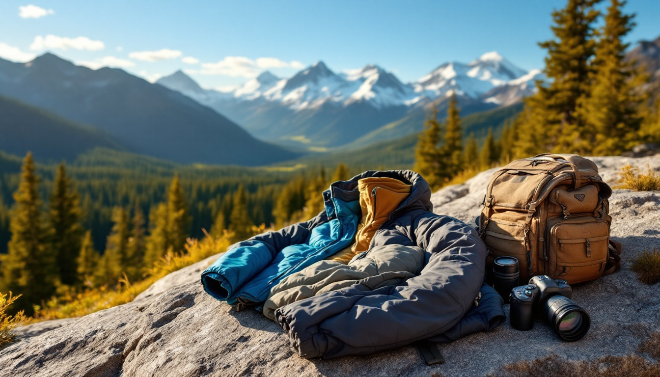 Summer Alaskan landscape with essential adventure gear laid out for packing