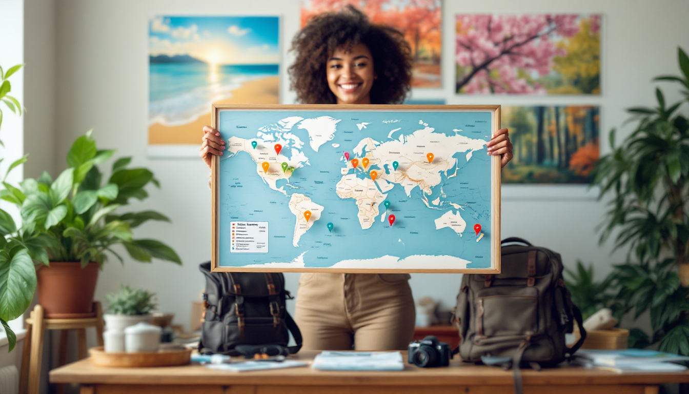 Person planning year-round travel with a world map and seasonal travel icons