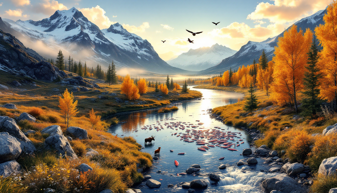Seasonal Alaskan landscapes highlighting shoulder, peak, and early fall seasons with wildlife