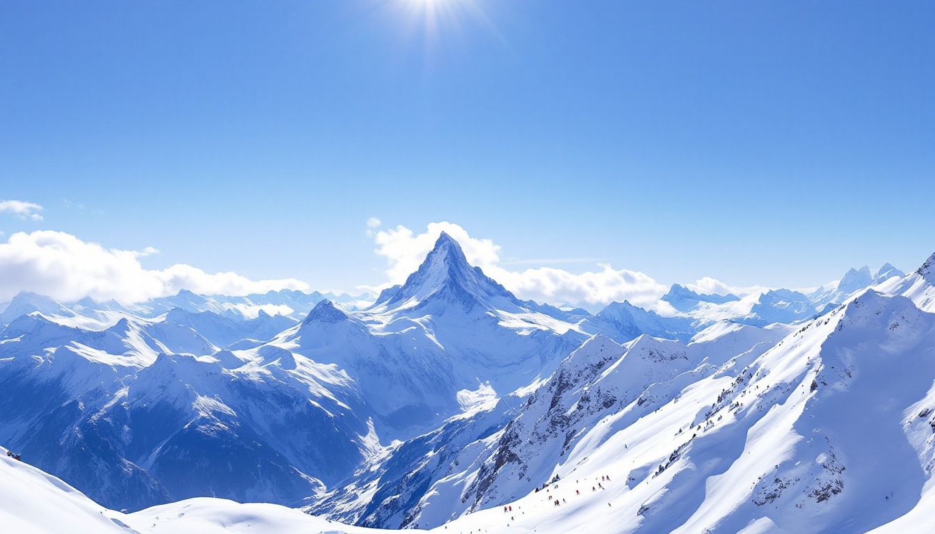 Skiers on snowy slopes in Swiss Alps near Matterhorn at Zermatt