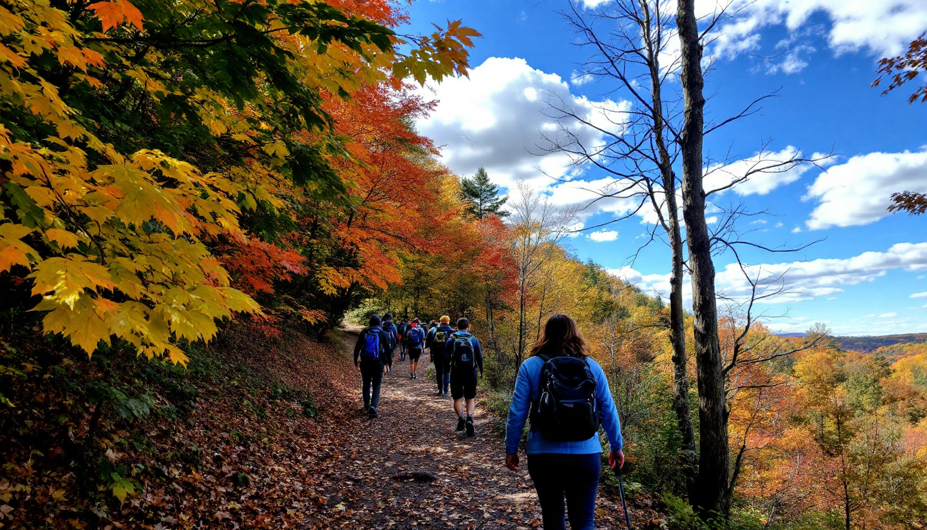 Fall hiking in New England with vivid autumn leaves on trees and hikers in cool season weather