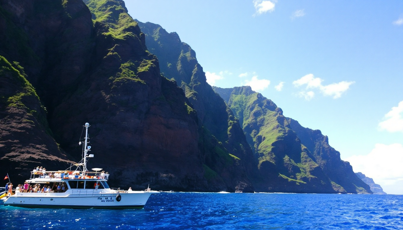 Boat tour of Kauai's Na Pali Coast with steep green cliffs and ocean view