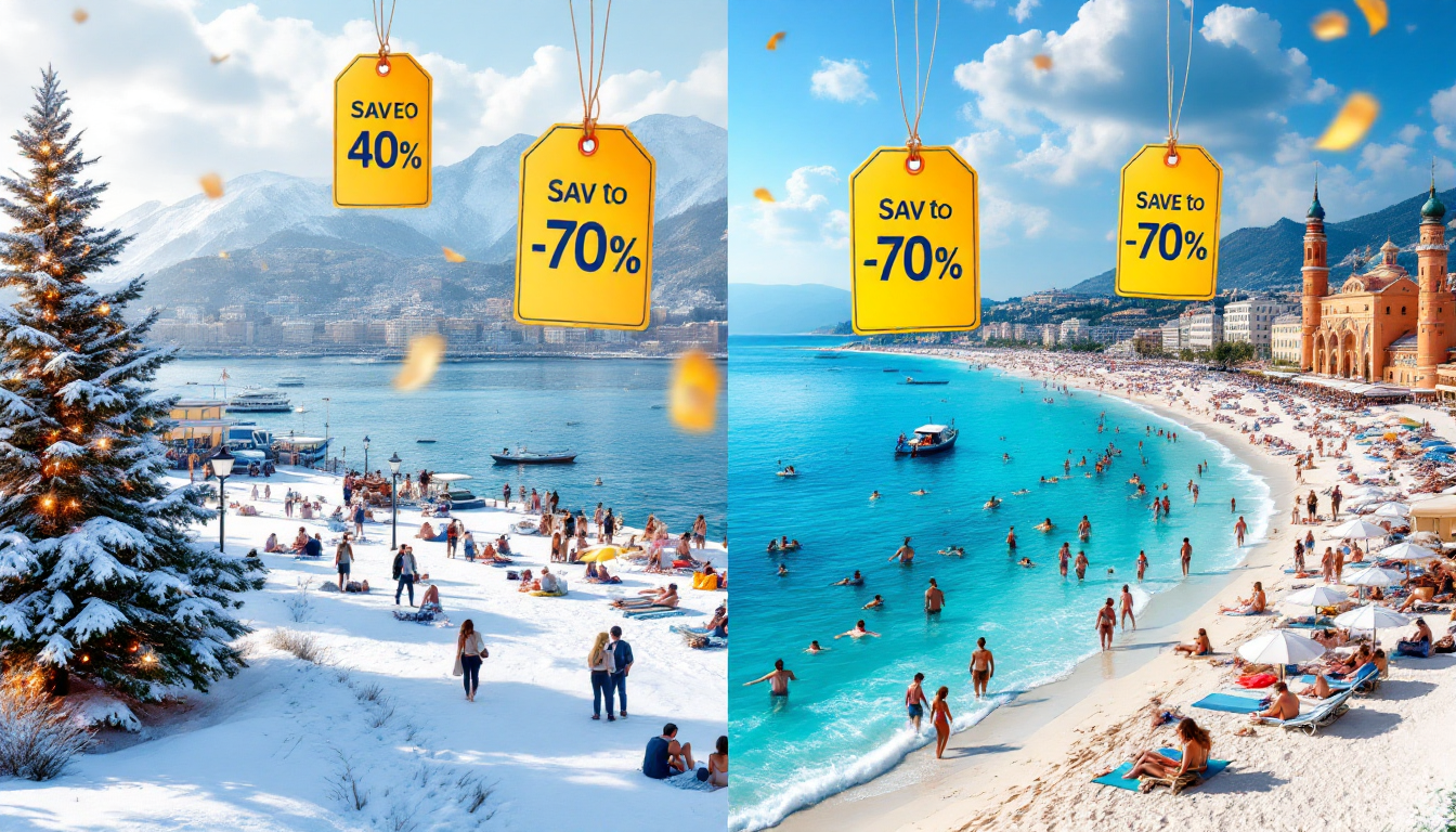 Split image of a popular travel destination showing contrast between busy expensive summer and quiet discounted winter seasons