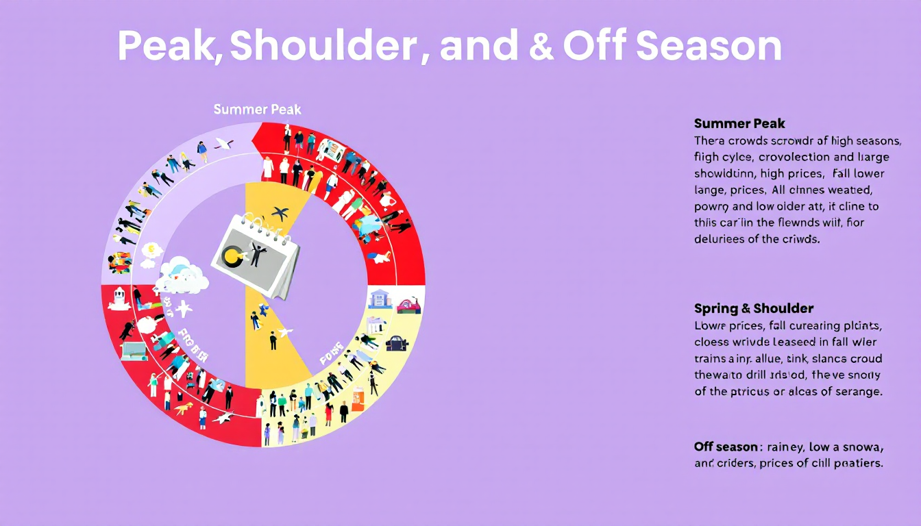 Infographic visualizing peak, shoulder, and off-season travel with calendar and price crowds representation
