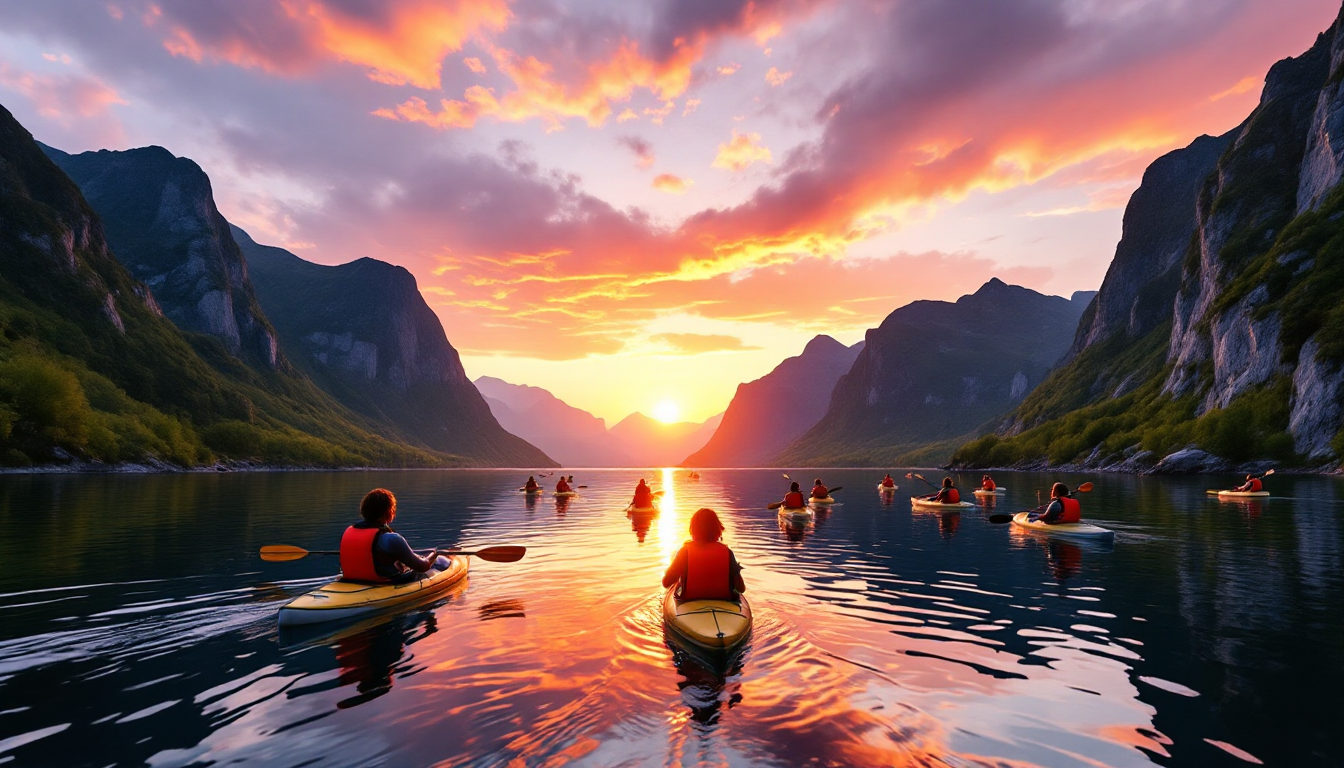 Sea kayakers under midnight sun over Norwegian fjords during summer festival