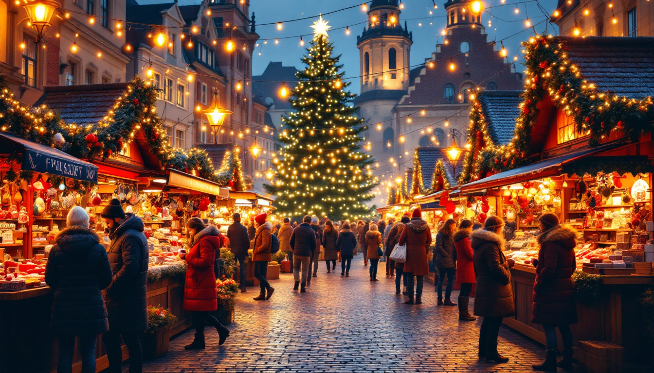 European Christmas Market festive atmosphere with traditional crafts and food stalls