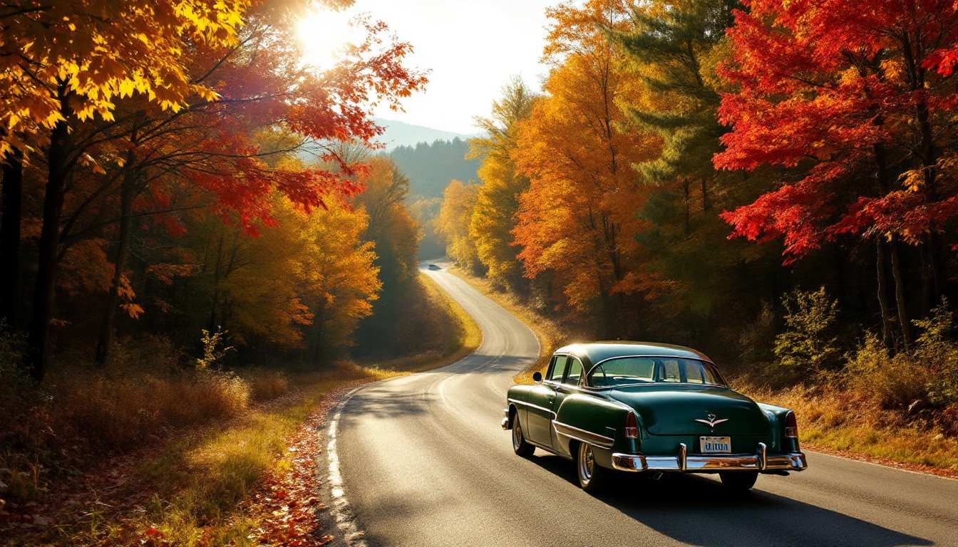 Autumn fall foliage road trip with vibrant colored trees lining the road in New England