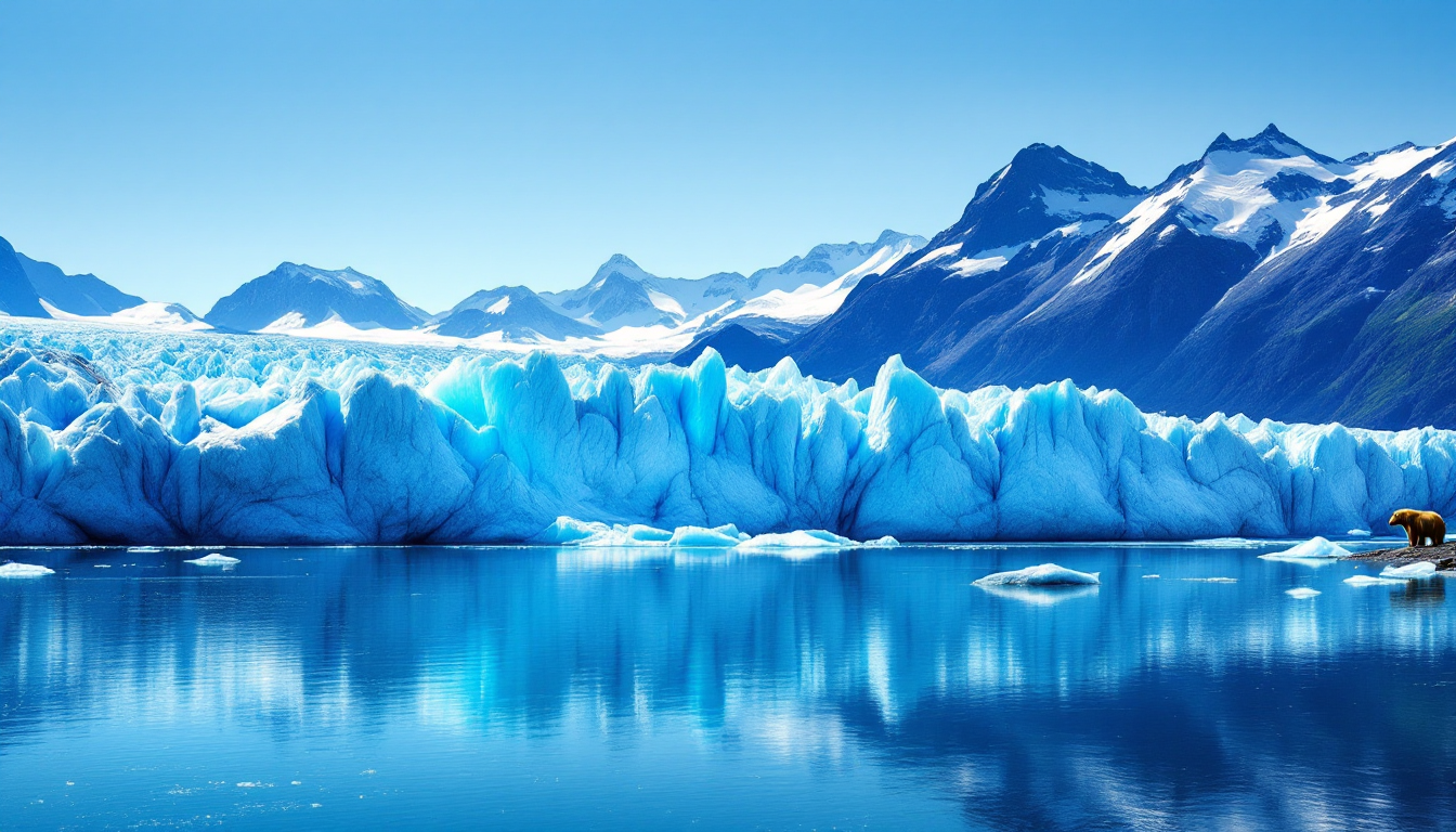 Glacier calving into a fjord in Alaska with mountains and wildlife surroundings