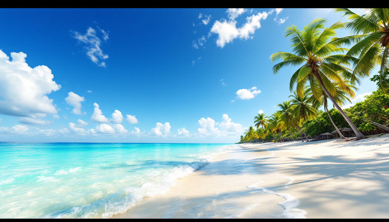 Tropical summer beach with clear water and white sand under sunny sky