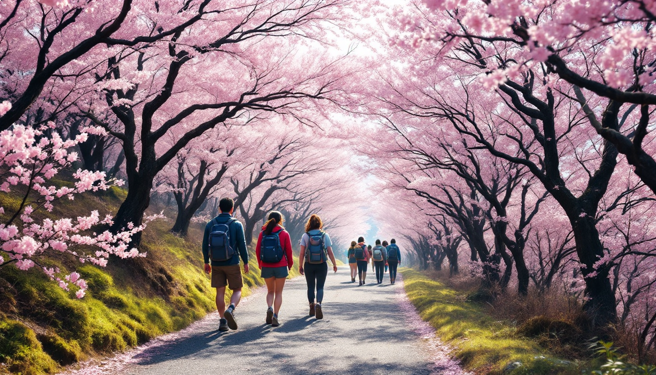 Hikers walking through cherry blossoms on Mount Yoshino in Japan during spring