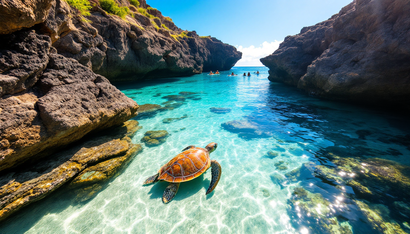 Po'ipū Beach Park snorkeling area with rock wall and sea turtle