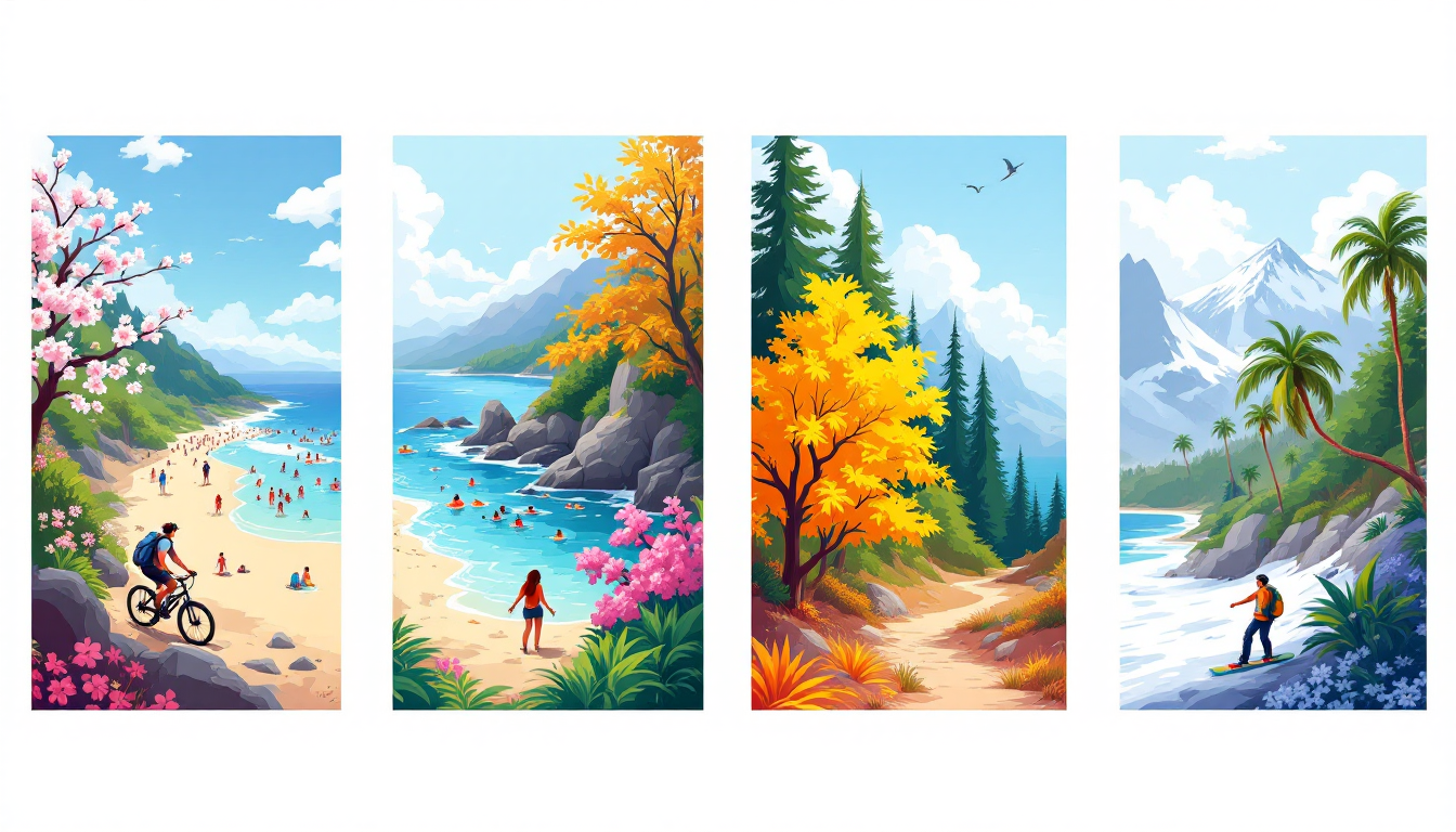 Seasonal comparison illustration of beach and adventure vacations in spring, summer, fall, and winter