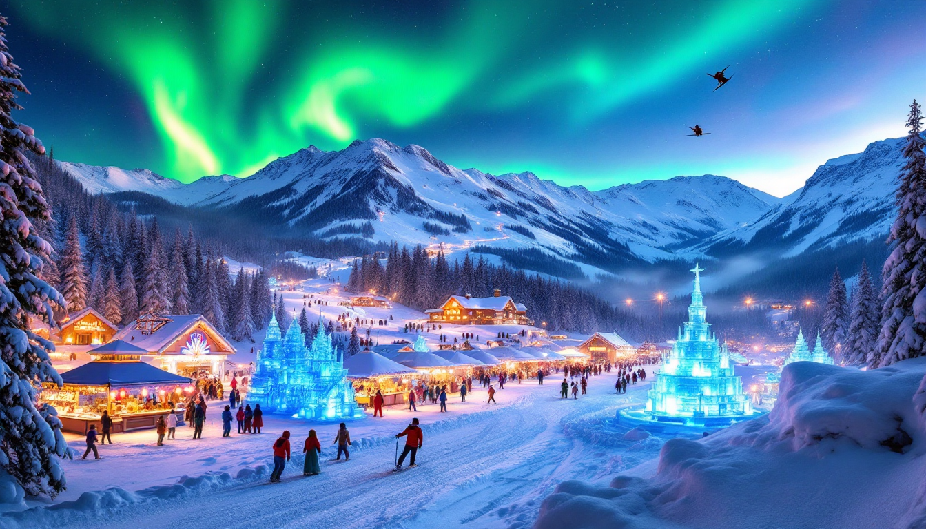 Canada winter with skiing, northern lights, and winter festivals in snowy mountain scenery