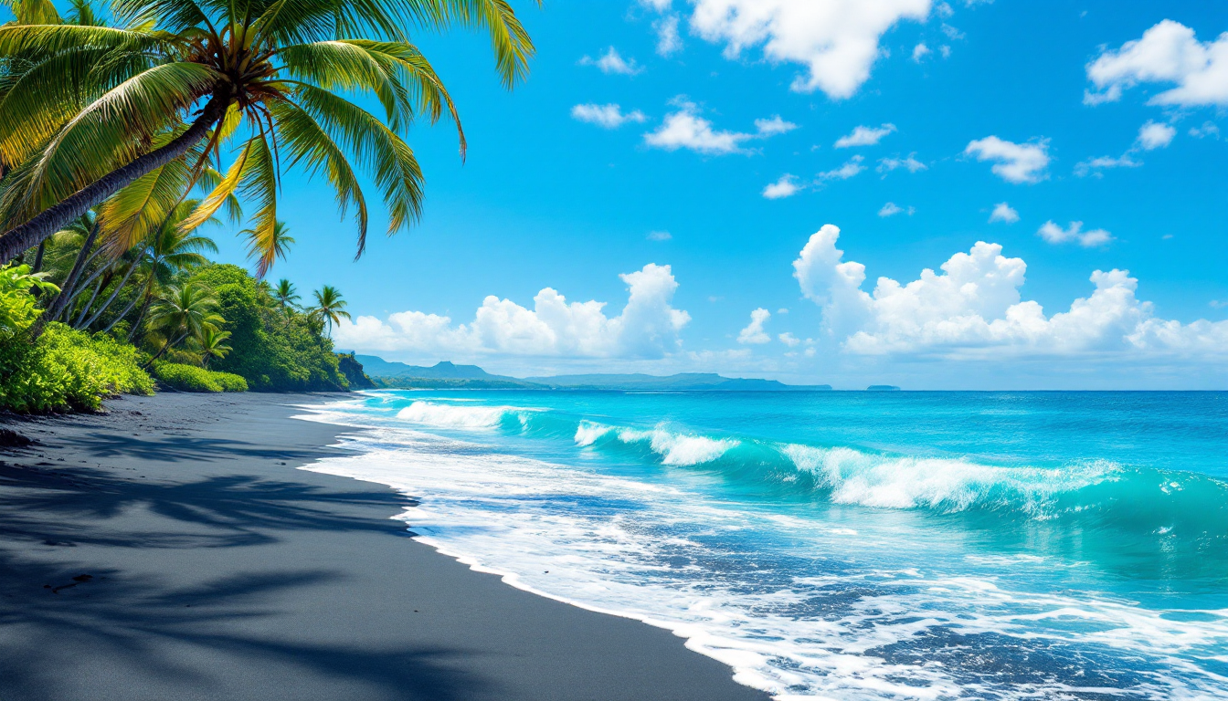 A peaceful black sand beach in Hawaii with blue ocean and clear sky