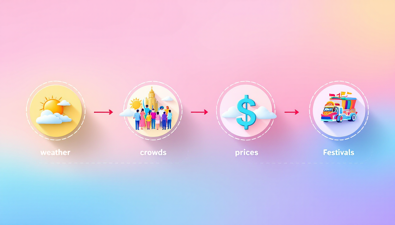 Infographic showing the four pillars of seasonal travel: weather, crowds, pricing, and festivals