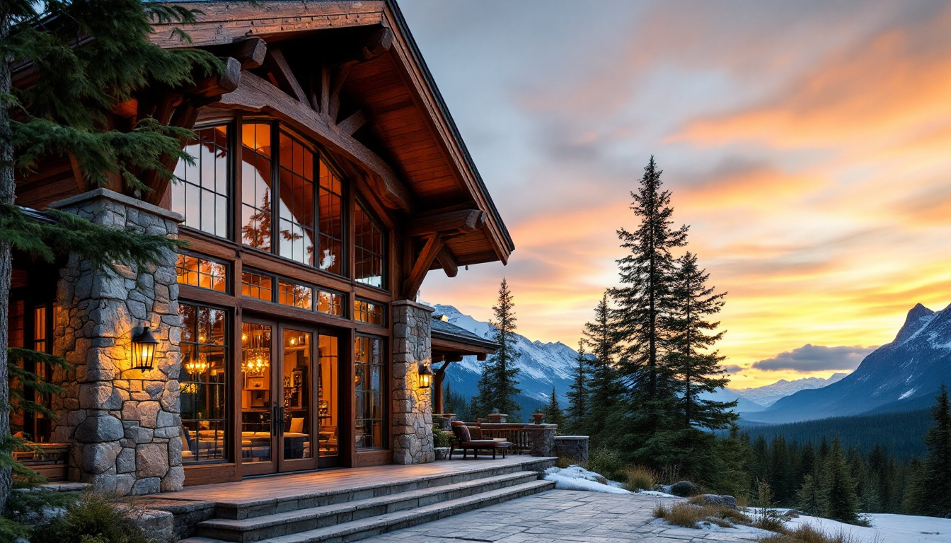 Alaskan luxury lodge in wilderness setting at sunset