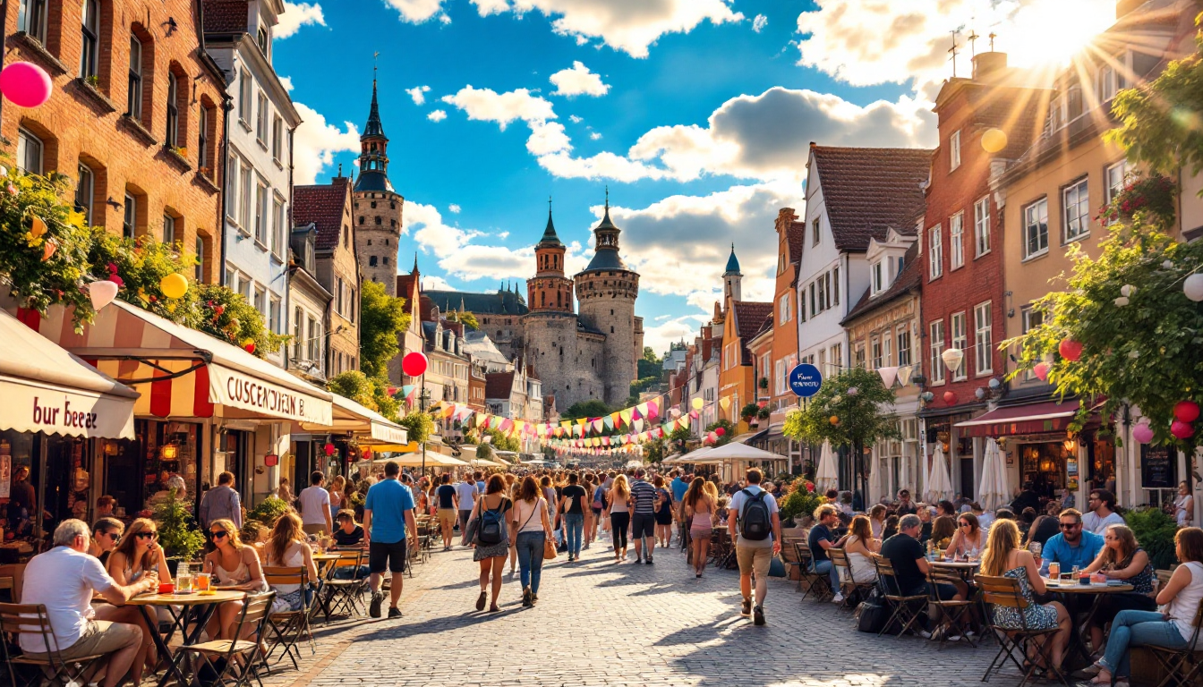 Bustling summer street in Northern Europe with tourists, festivals, and sunny weather