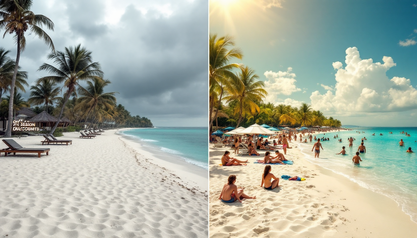 Caribbean resort scene comparing quiet off-season with low prices and crowded peak season with high prices
