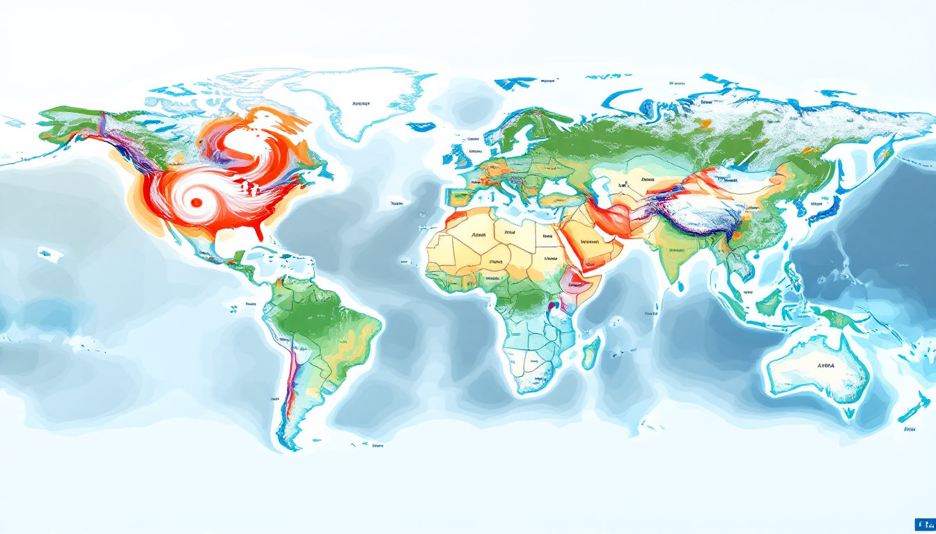 Global weather and climate zones infographic showing seasons and weather events