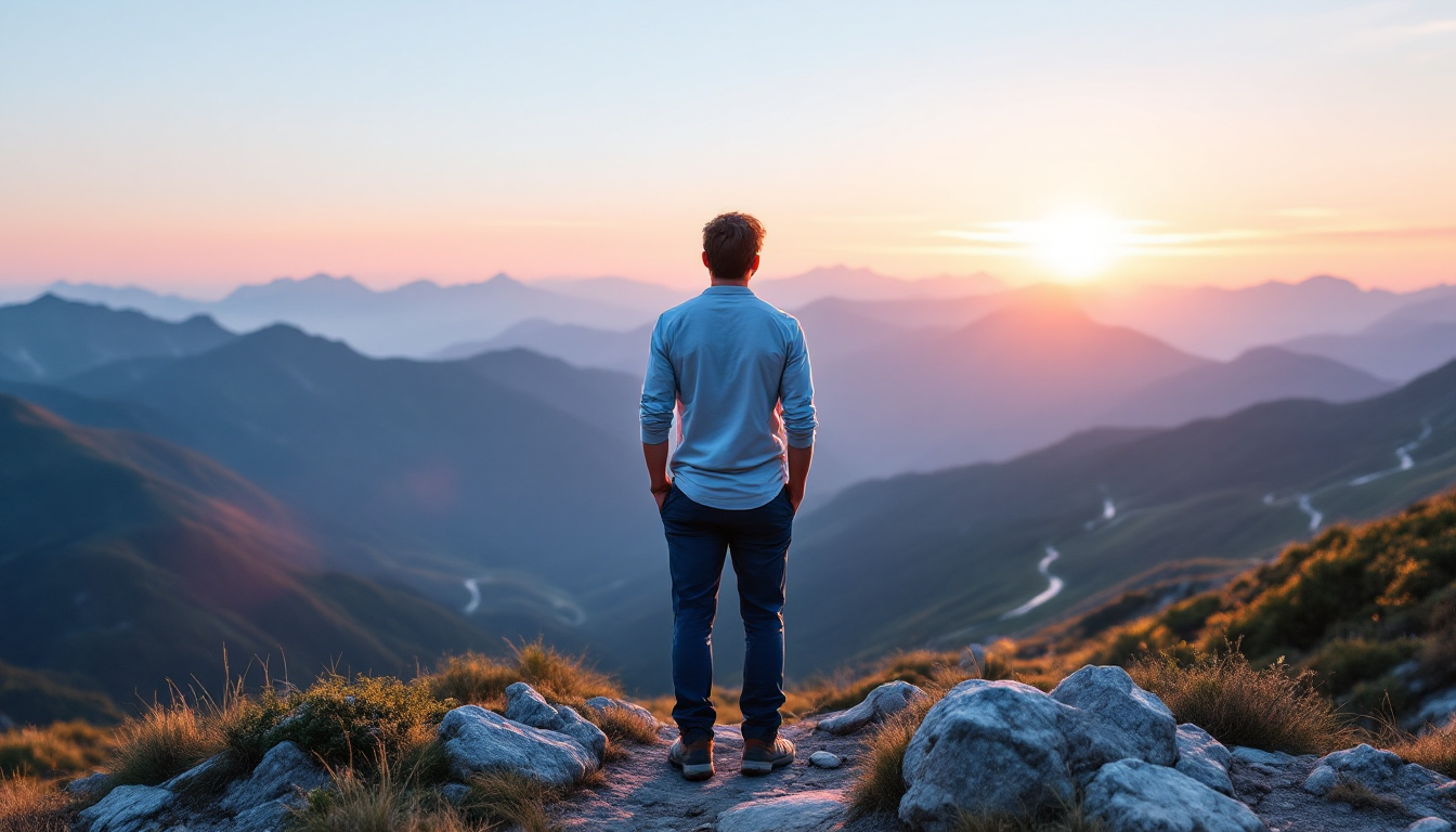 Hiker on mountaintop enjoying a sunny summer adventure with lightweight clothing