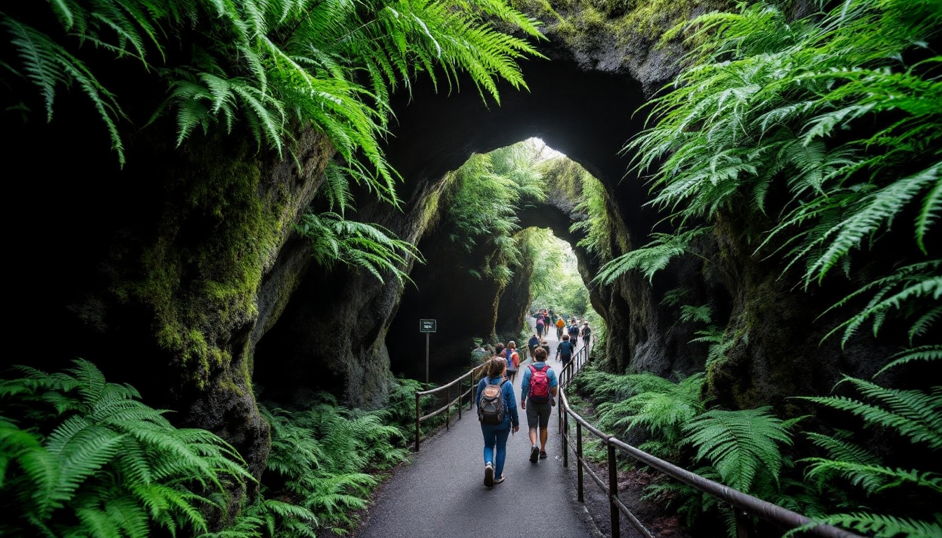 Thurston Lava Tube trail entrance with lush forest and lit lava tube interior