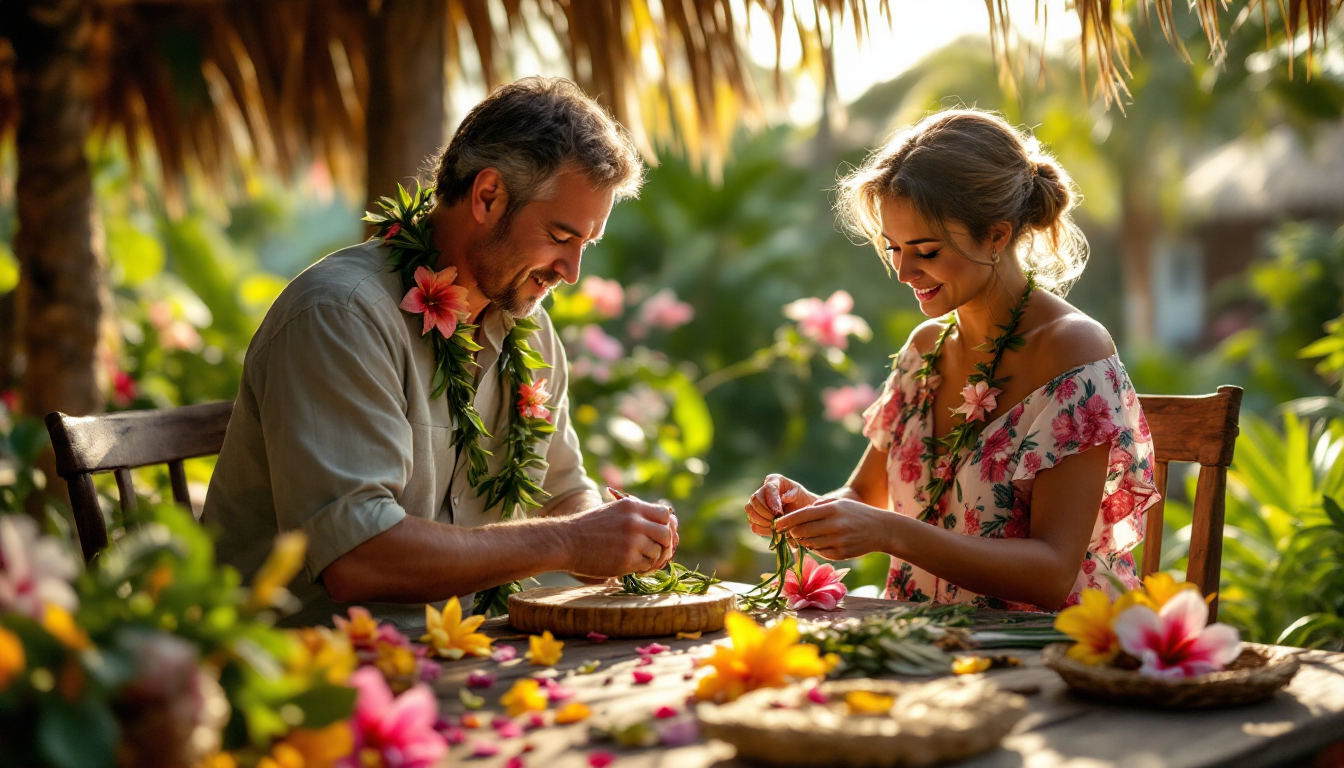 Visitor learning traditional lei making from Hawaiian kumu with fresh flowers