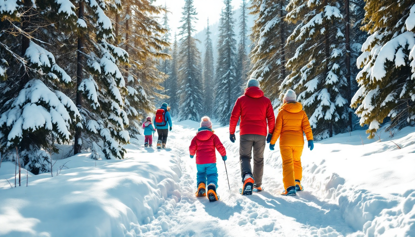 Family snowshoe hiking on winter trail in Alaska with bright sunlight