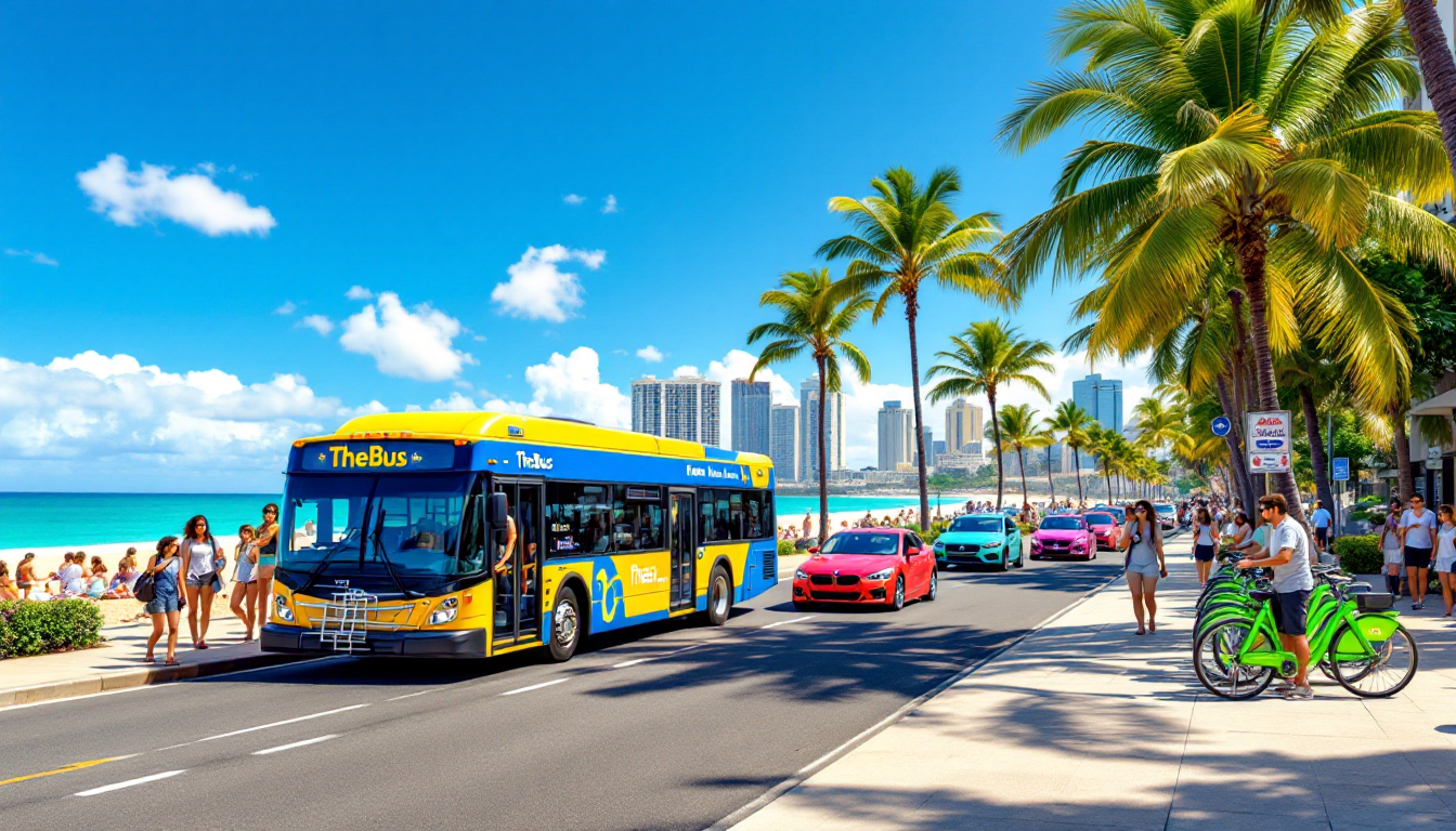 Urban Honolulu street scene with public transit bus, ride-share cars and bike-share bicycles near Waikiki Beach