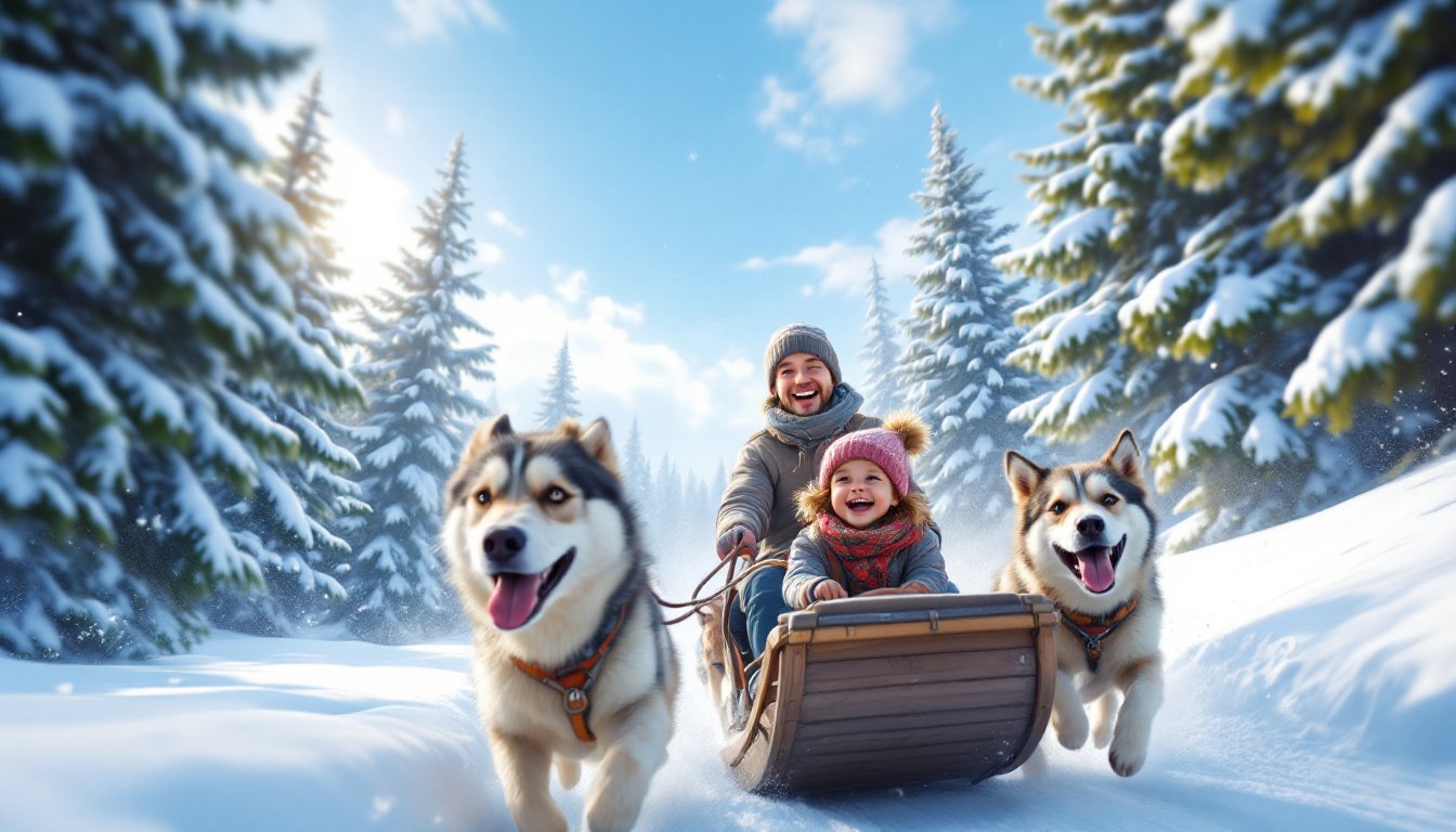 Children enjoying a dog sled ride in a snowy Alaskan forest
