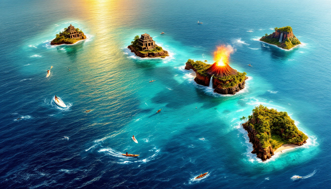 Map highlighting four main Hawaiian islands with cultural and natural landmarks